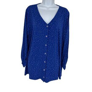 Susan Graver Womens Blue Polka Dot Lightweight V-Neck Button-Down Blouse Top XL
